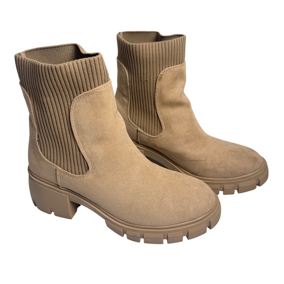 Sincerely Jules Shoes - Sincerely Jules 8 Tan Suede Knit Sock Booties Lug Sole Chunky Heel Women's
